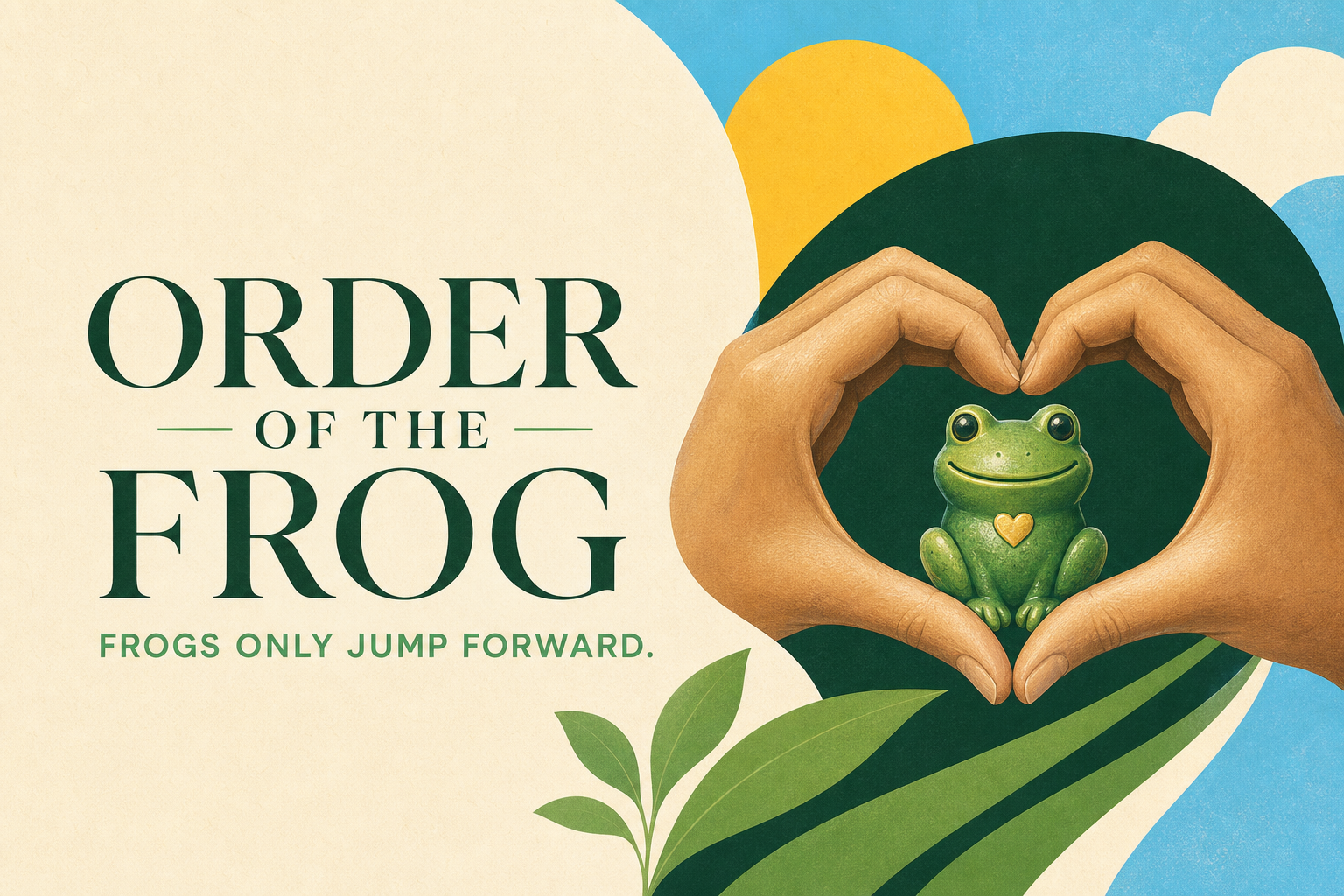 A green frog figurine held inside hands forming a heart